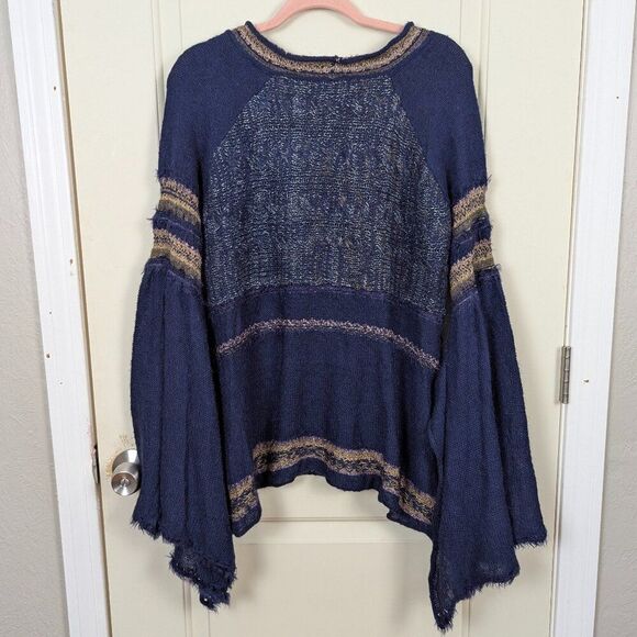 Free People | Navy Bell Sleeve Mixed Knit Sweater Size Medium - Picture 3 of 13
